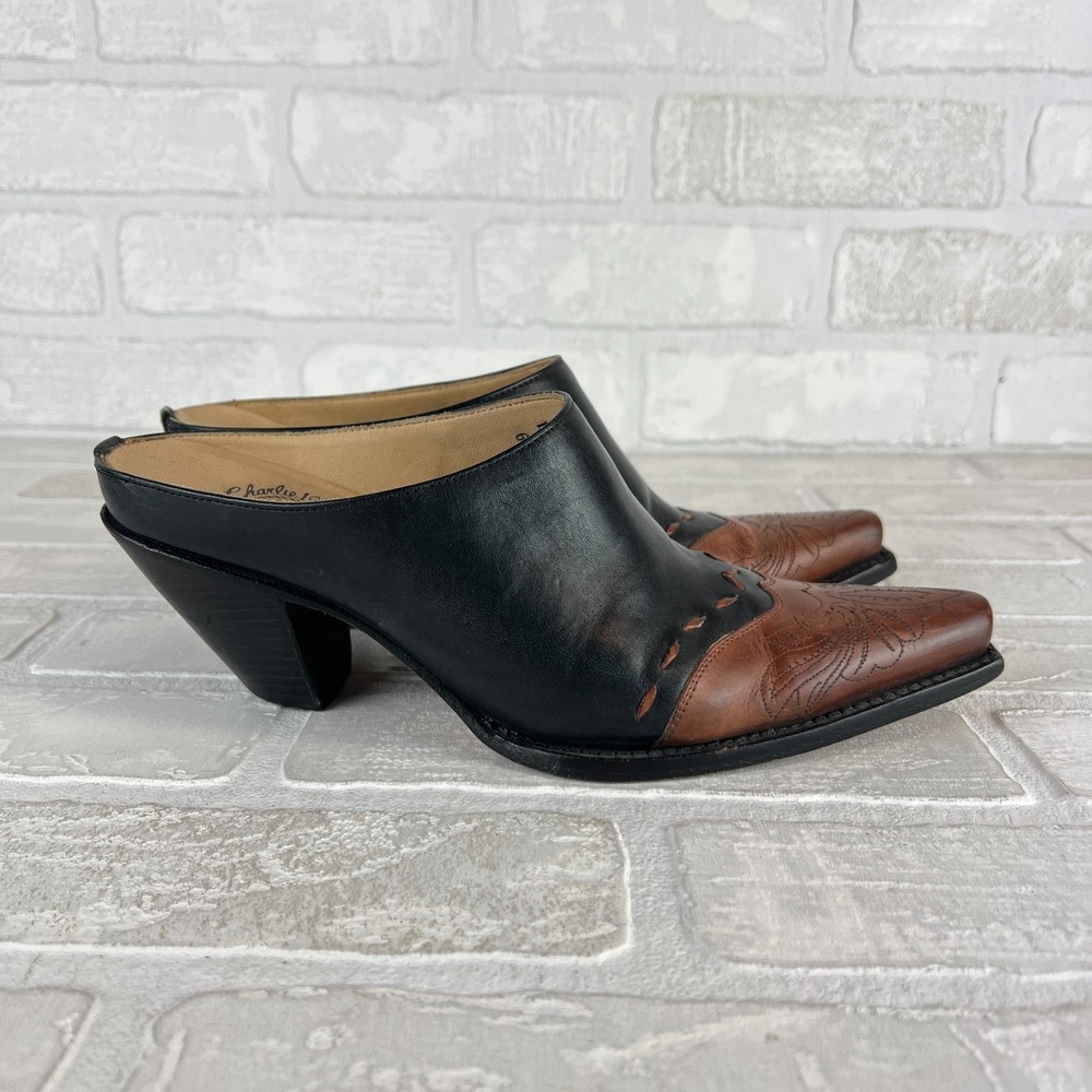 Lucchese Charlie 1 Horse Mules Womens 7 Western Cowgirl Black Brown Leather Shoe